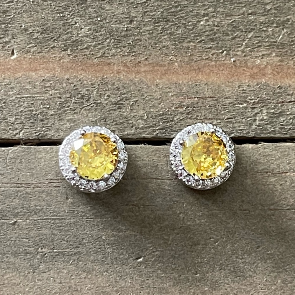 Cubic Zirconia Citrine Yellow, Lab Created Stud Dainty Luxury Glam Earrings - Picture 9 of 9
